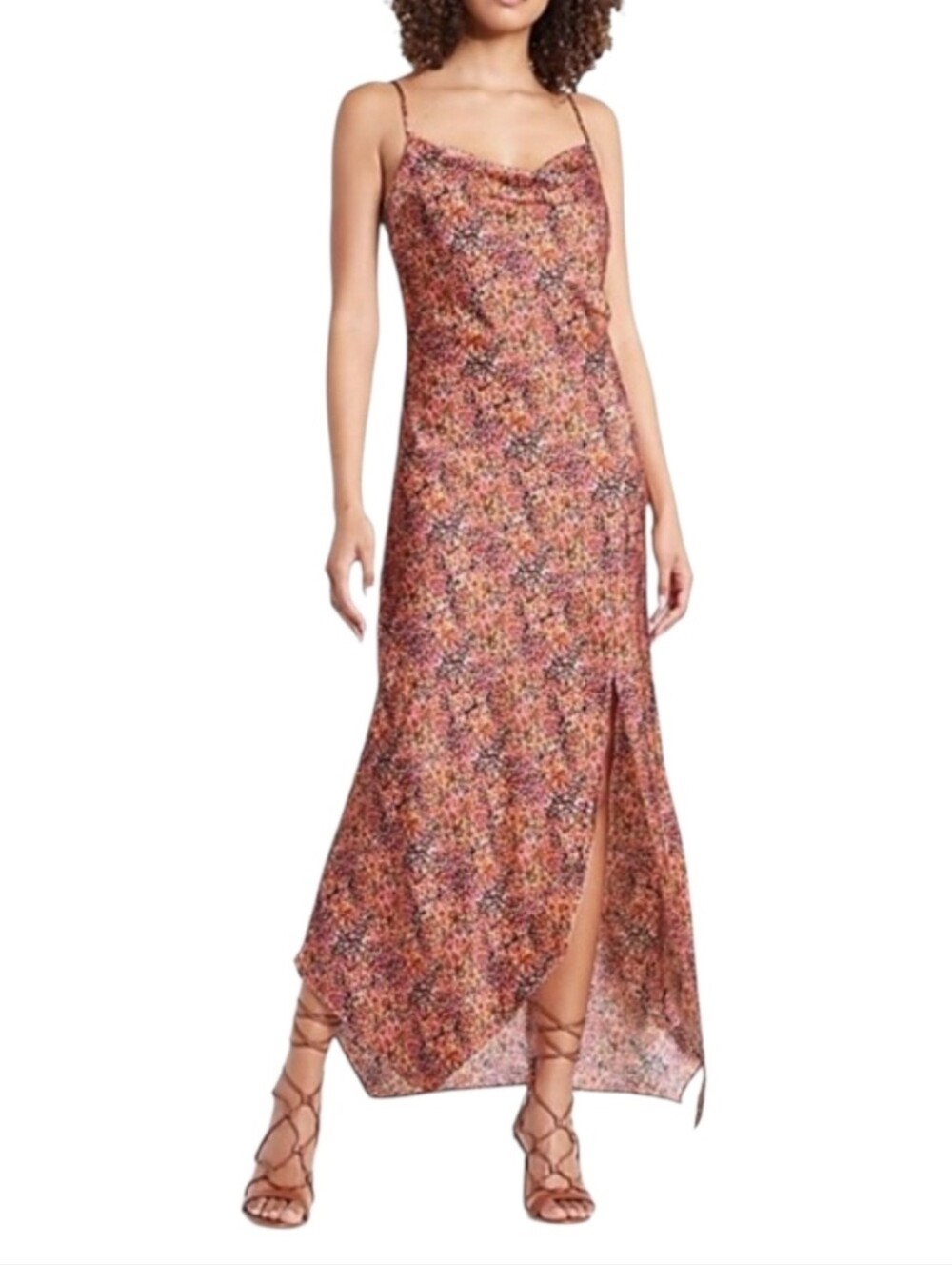 EXPRESS Multicolor Satin Cowl Neck Spaghetti Strap Maxi Slip Dress. Size Medium